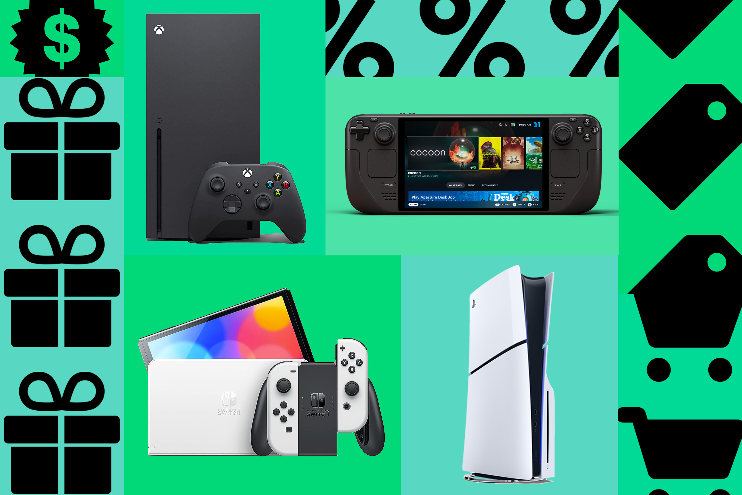 An image composition containing the Xbox Series X, Steam Deck OLED, Nintendo Switch OLED, and a PS5 on a green and blue background. The products are surrounded by gift box symbols, percentage symbols, and shopping cart symbols.
