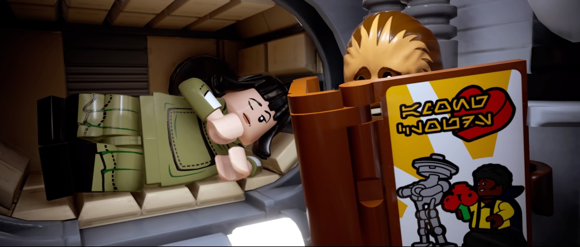 Lego Chewbacca reads a Lego book to a lounging Lego Rose Tico