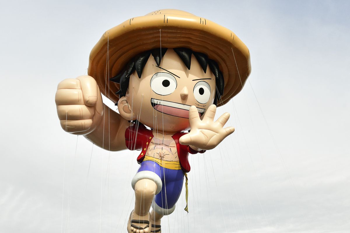 Luffy D. Monkey as a Thanksgiving parade balloon floating in the sky