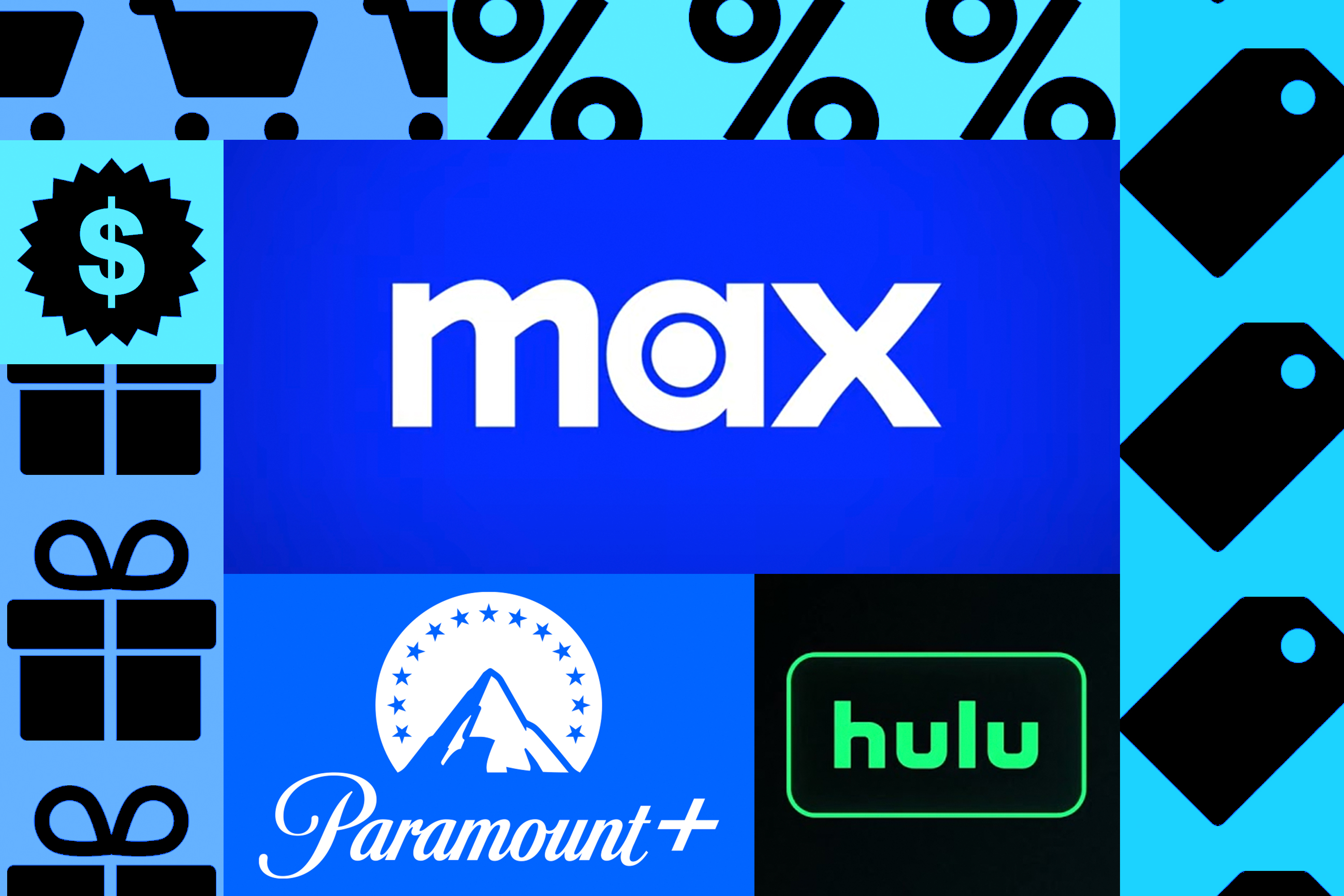 A composition of the logos for Max, Paramount Plus, and Hulu on an original background